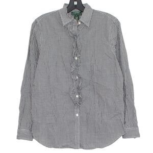 Lauren Ralph Lauren Top Academia Preppy Cottagecore Button Up Plaid Black Small